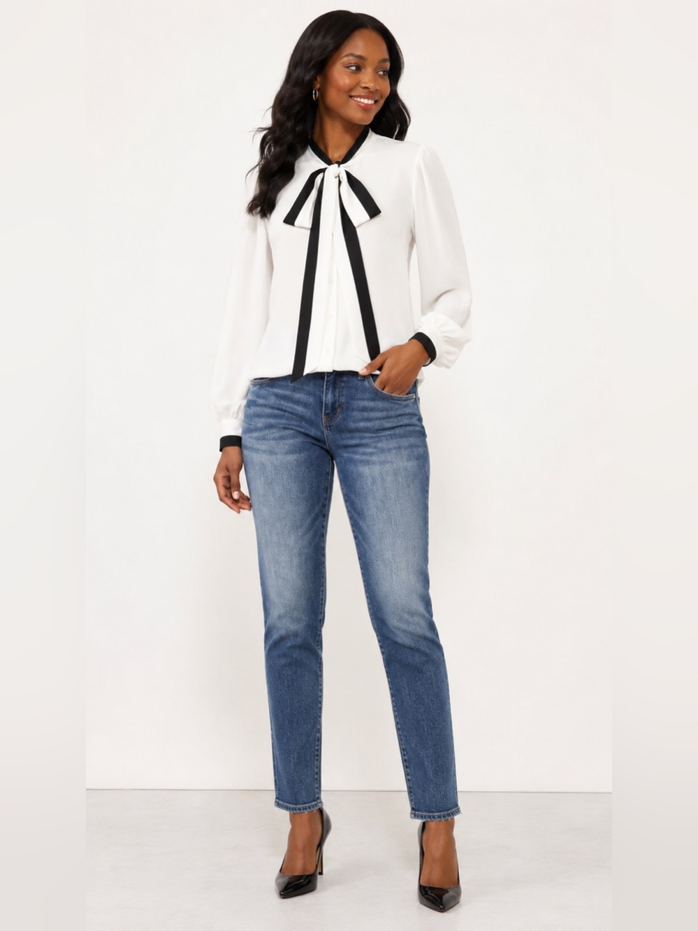 CeCe Tie Neck Pearl Button Blouse Women Size M NWT